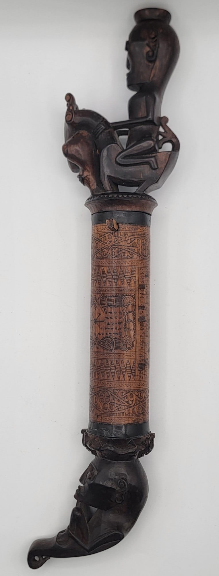 Vintage Indonesian Toba Batak Tribe Ceremonial Medicine Container: Vintage Indonesian Toba Batak Tribe Ceremonial Medicine Container. The container is made of wood and the body features an intricately carved calendar. The bottom carving is fixed and the top carving c