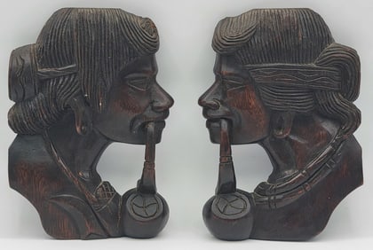 Pair Of Vintage Philippines Igorot Wood Woman Smoking Pipe Wall Carvings