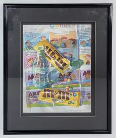 Patrick Clark Candy Wrappers & Coca-Cola Bottle On Comic Strip Newspaper Watercolor On Paper
