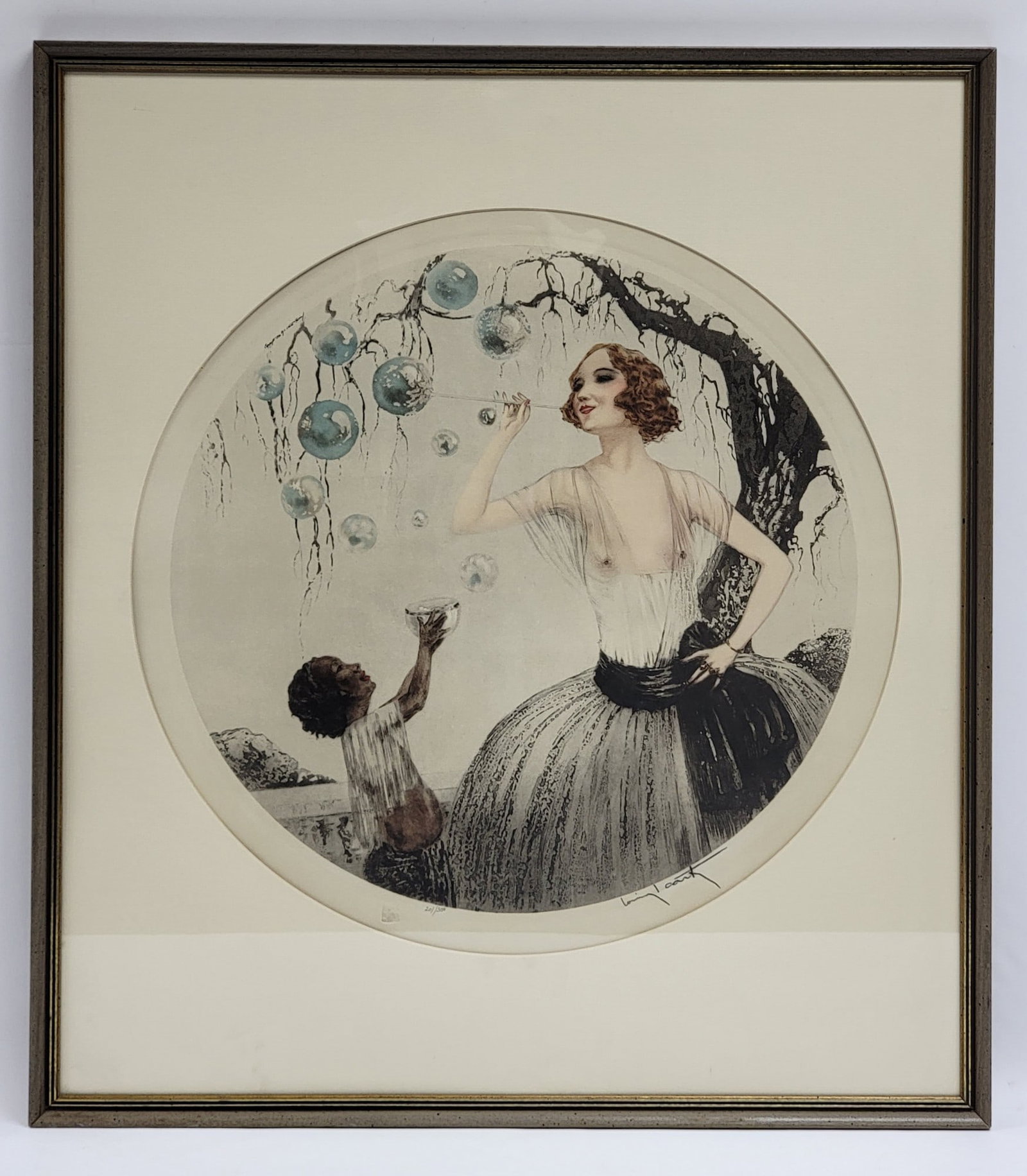 Vintage Louis Icart Blowing Bubbles Limited Edition Lithograph: Vintage Louis Icart Blowing Bubbles Limited Edition Lithograph. The round lithograph features a young woman blowing bubbles with the help of a child. It is numbered 201 of 300 and has the Paris Windmi