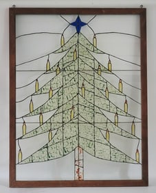 Vintage Christmas Tree Leaded Glass Framed Panel