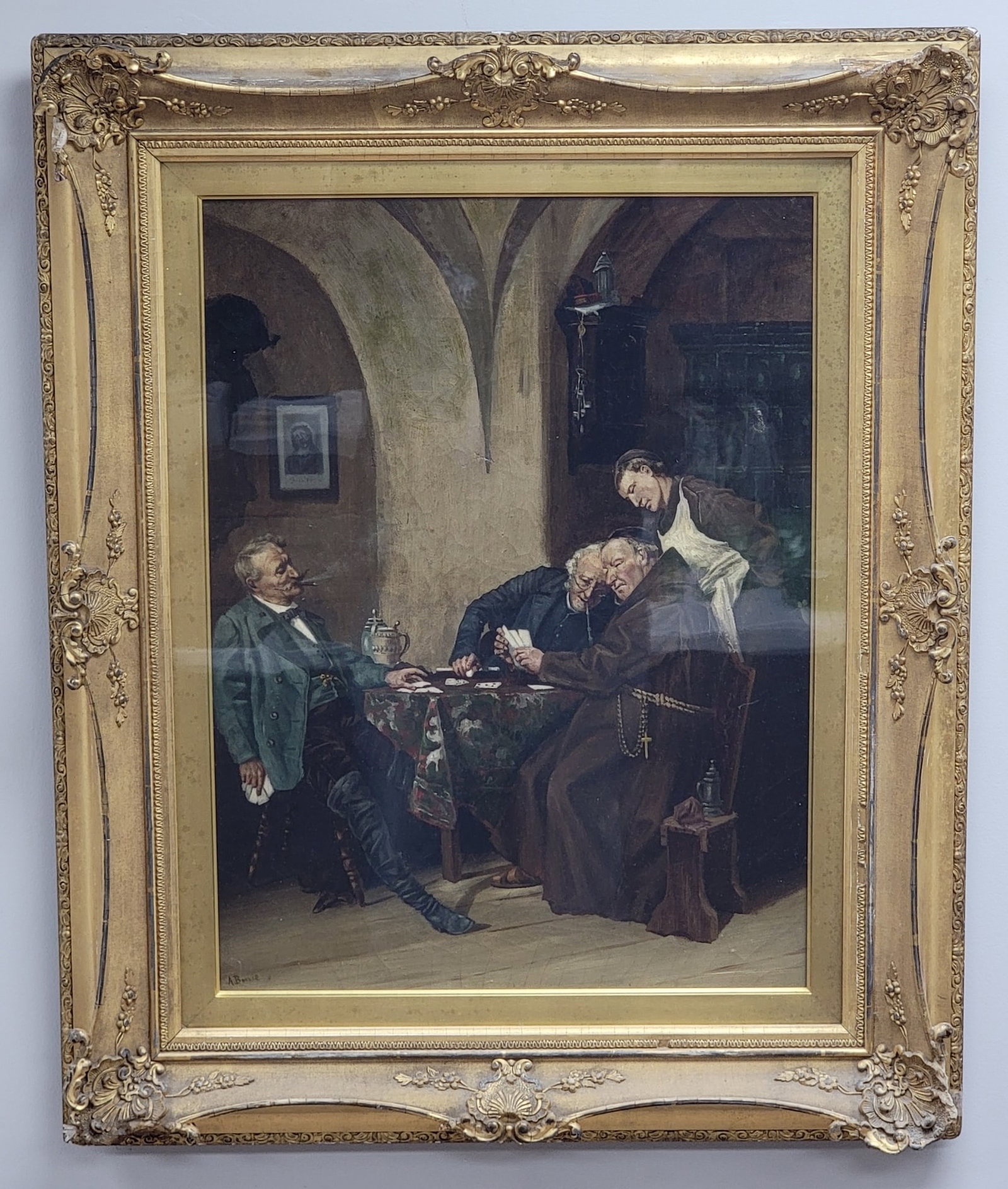 "Cellarman In The Wine Cellar" Oil On Canvas Painting After Eduard von Grutzner: Antique oil on canvas painting after listed German artist Eduard von Grutzner. The painting is titled "Cellarman in the Wine Cellar" and features a monk playing cards. Painted by artist A. Bessie and 