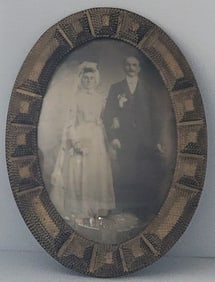 Antique Wedding Photograph In Oval Curved Glass Tramp Art Frame