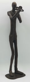 Vintage Trombone Player Brutalist Bronze Sculpture