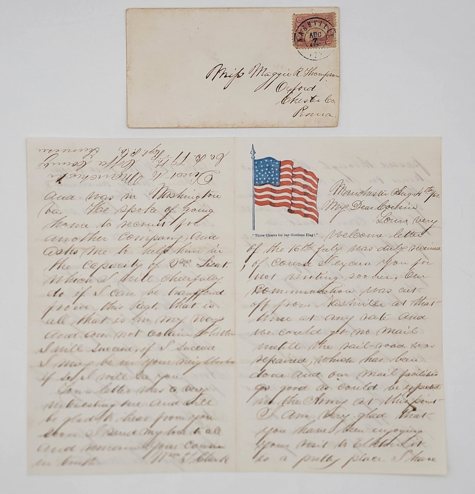 Union Civil War Letter Dated Aug. 7, 1862: Union Civil War Letter Dated Aug. 7, 1862. The letter comes with the original envelope with a double circle cancel. The letter is from Manchester, Tennessee and mentions living off the land and fresh 