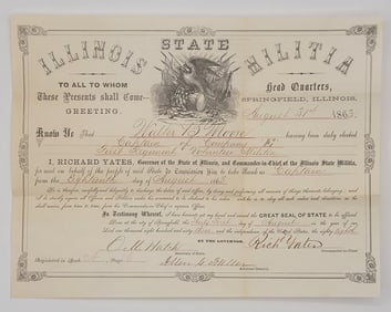 1863 Civil War Commission Certificate Illinois Militia