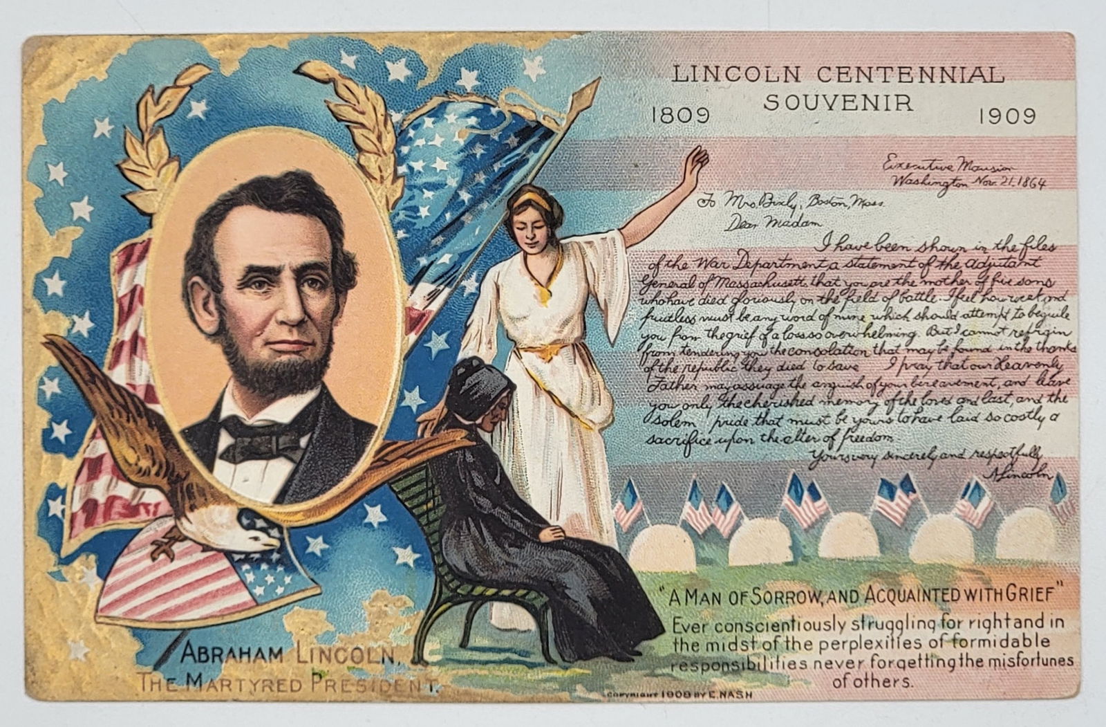 1909 President Abraham Lincoln Centennial Souvenir Postcard: 1909 President Abraham Lincoln Centennial Souvenir Postcard. Postcard commemorates what would have been his 100th birthday. Postcard is in very nice condition and measures 5-1/2" x 3-1/2". Never used.