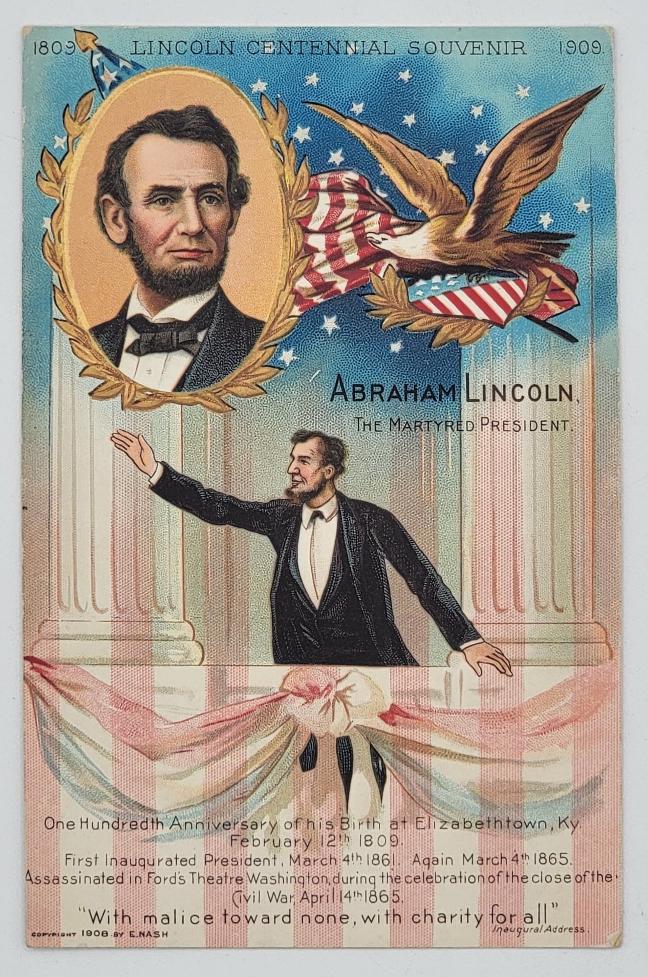 1909 President Abraham Lincoln Centennial Souvenir Postcard: 1909 President Abraham Lincoln Centennial Souvenir Postcard. Postcard commemorates what would have been his 100th birthday. Postcard is in very nice condition and measures 5-1/2" x 3-1/2", never used.
