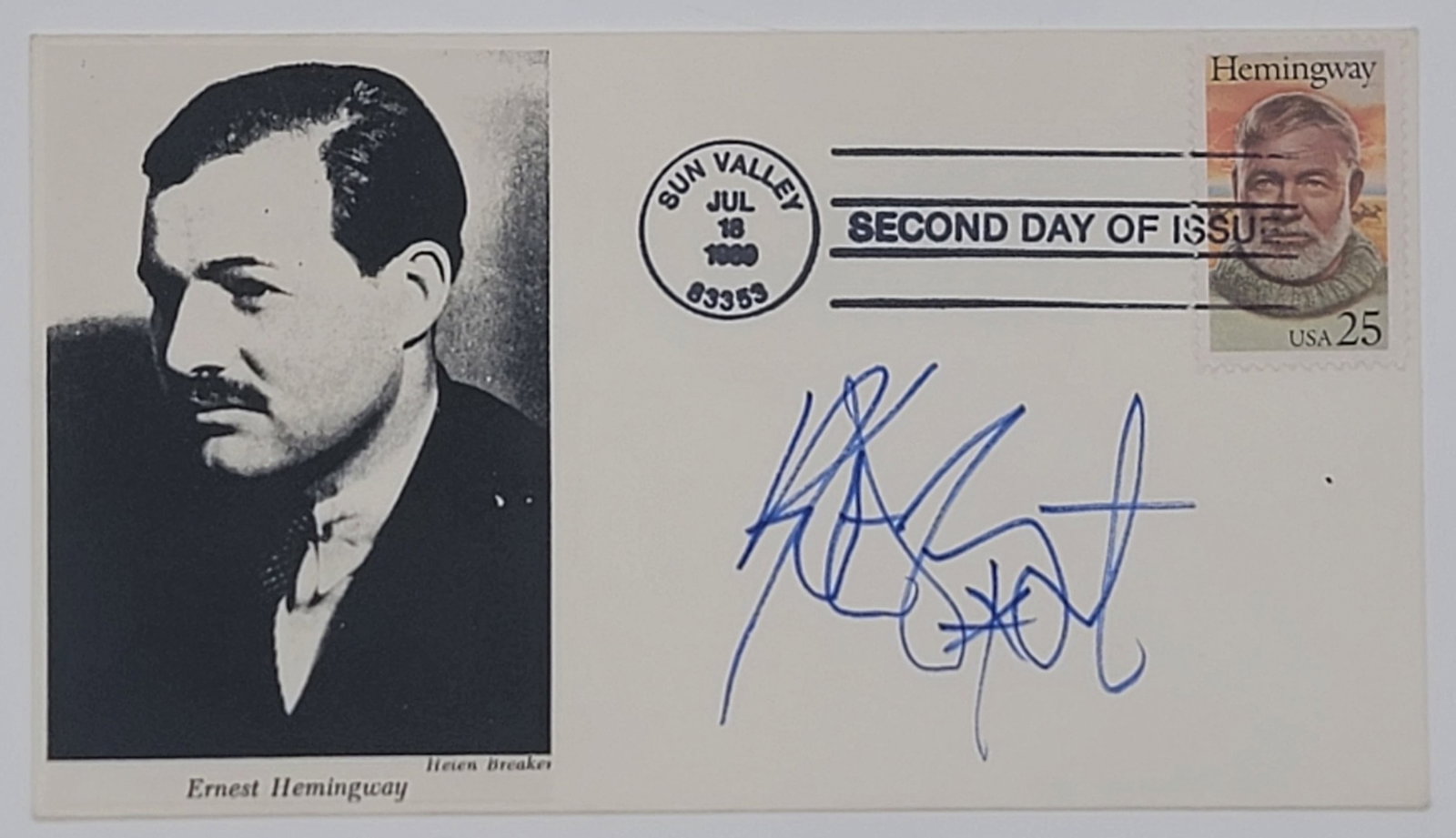 Author Kurt Vonnegut Jr. Autographed Postal Cover: Author Kurt Vonnegut Jr. Autographed Postal Cover. The signature is on an Ernest Hemingway Second Day Of Issue cover. Signed in blue maker.