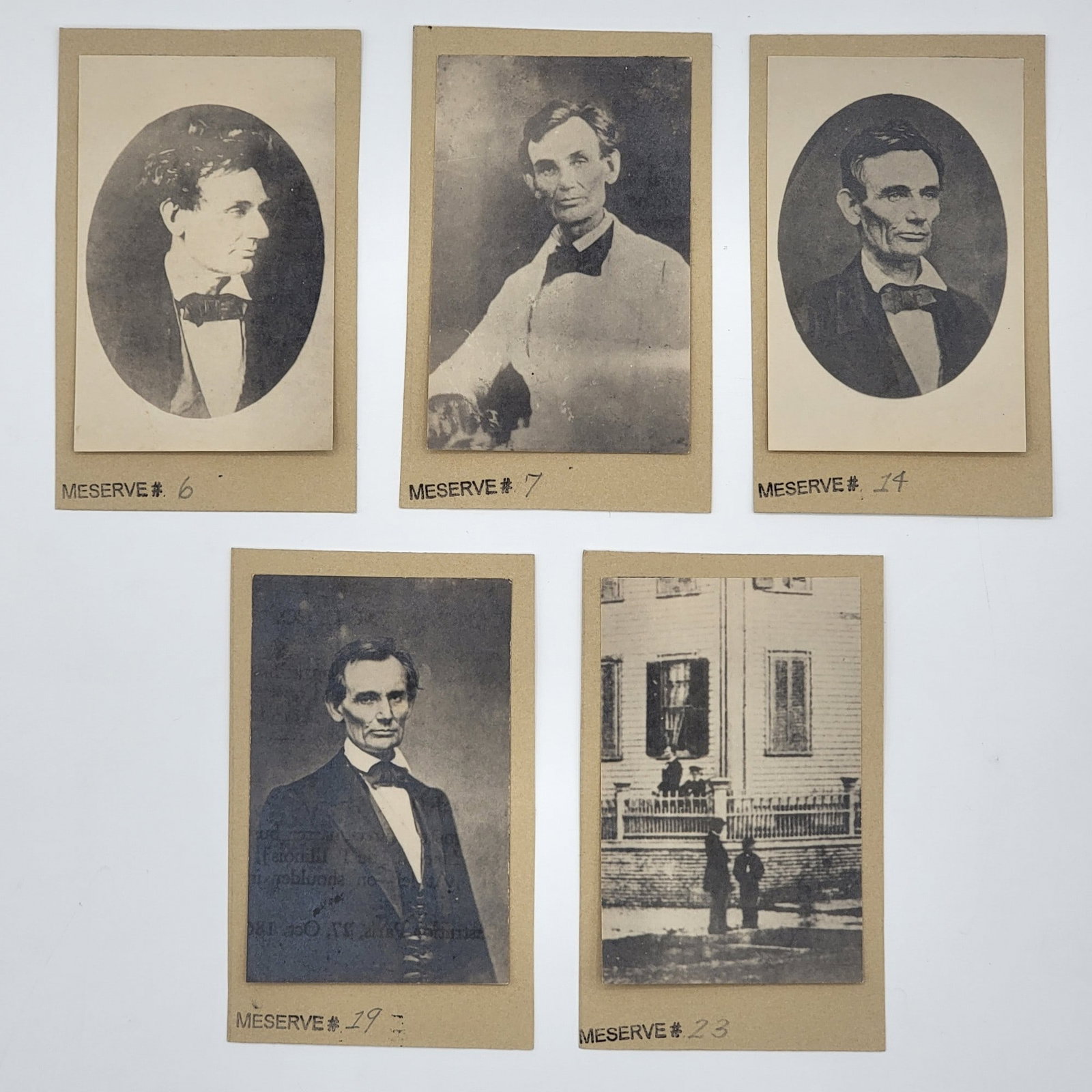 Lot Of Five Frederick H. Meserve Abraham Lincoln CDV Photographs: Lot Of Five Frederick H. Meserve Abraham Lincoln CDV Photographs. The Carte de viste photographs all have the Frederick H. Meserve stamp on the verso and the have the Merserve negative number on the f