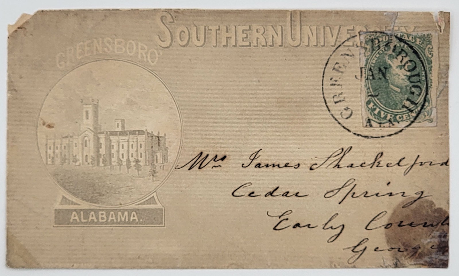 Confederate States Of America #1 Five Cent Stamp On Southern University Cover: Confederate States Of America #1 Five Cent Stamp On Southern University Cover. Stamp features Jefferson Davis and the cover graphics are nice. Cover is in good condition with some corner chips. Cover 