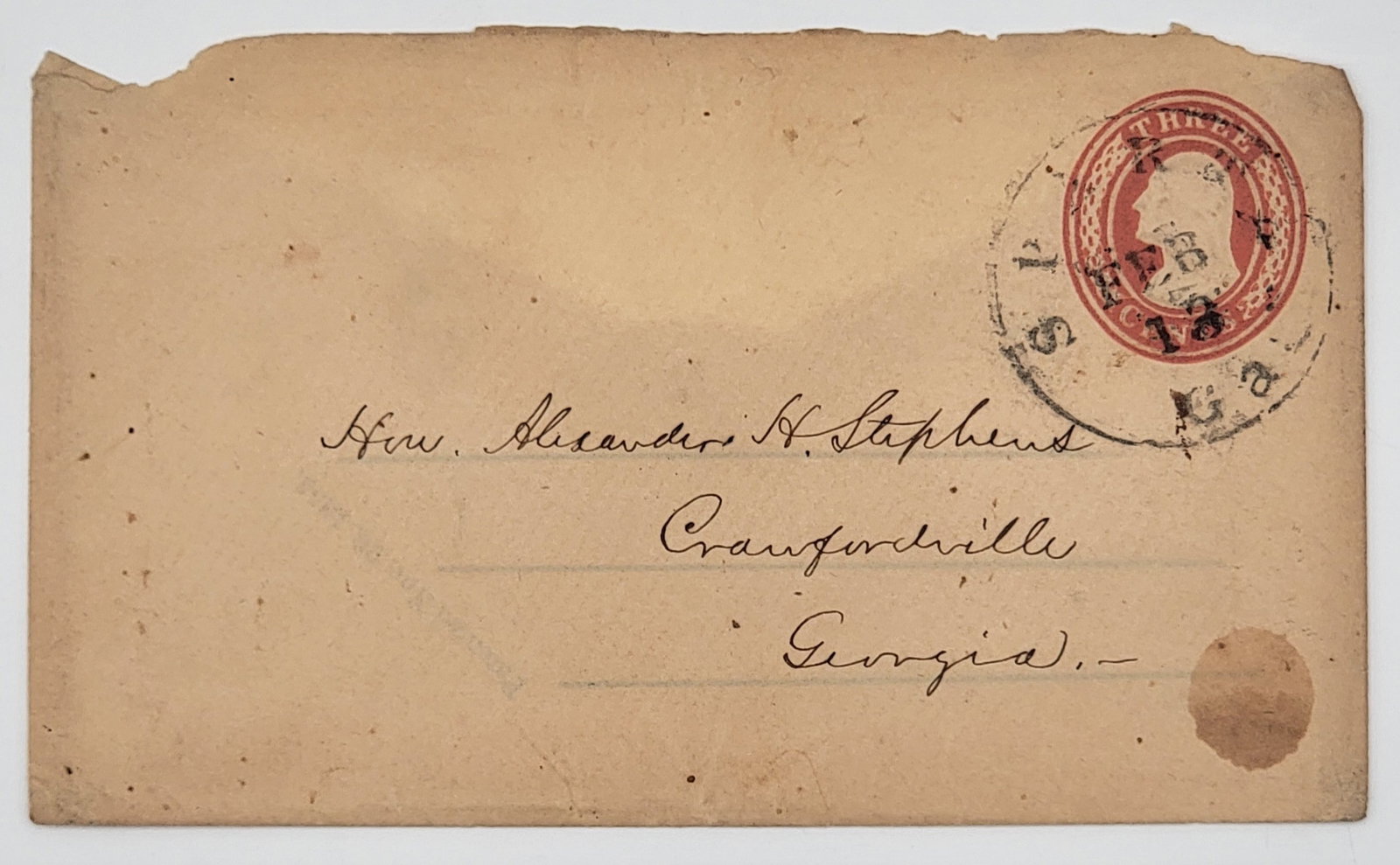 1860 Cover To Confederate Vice President Alexander Stephens: 1860 Cover To Confederate Vice President Alexander Stephens. Cover was sent from Sparta Georgia to Crawfordville Georgia. Condition is good with the reverse flap missing. Measures 5-1/2" x 3-1/4".