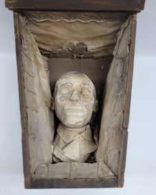 Antique Full Head Plaster Death Mask In Wood Coffin Shaped Box