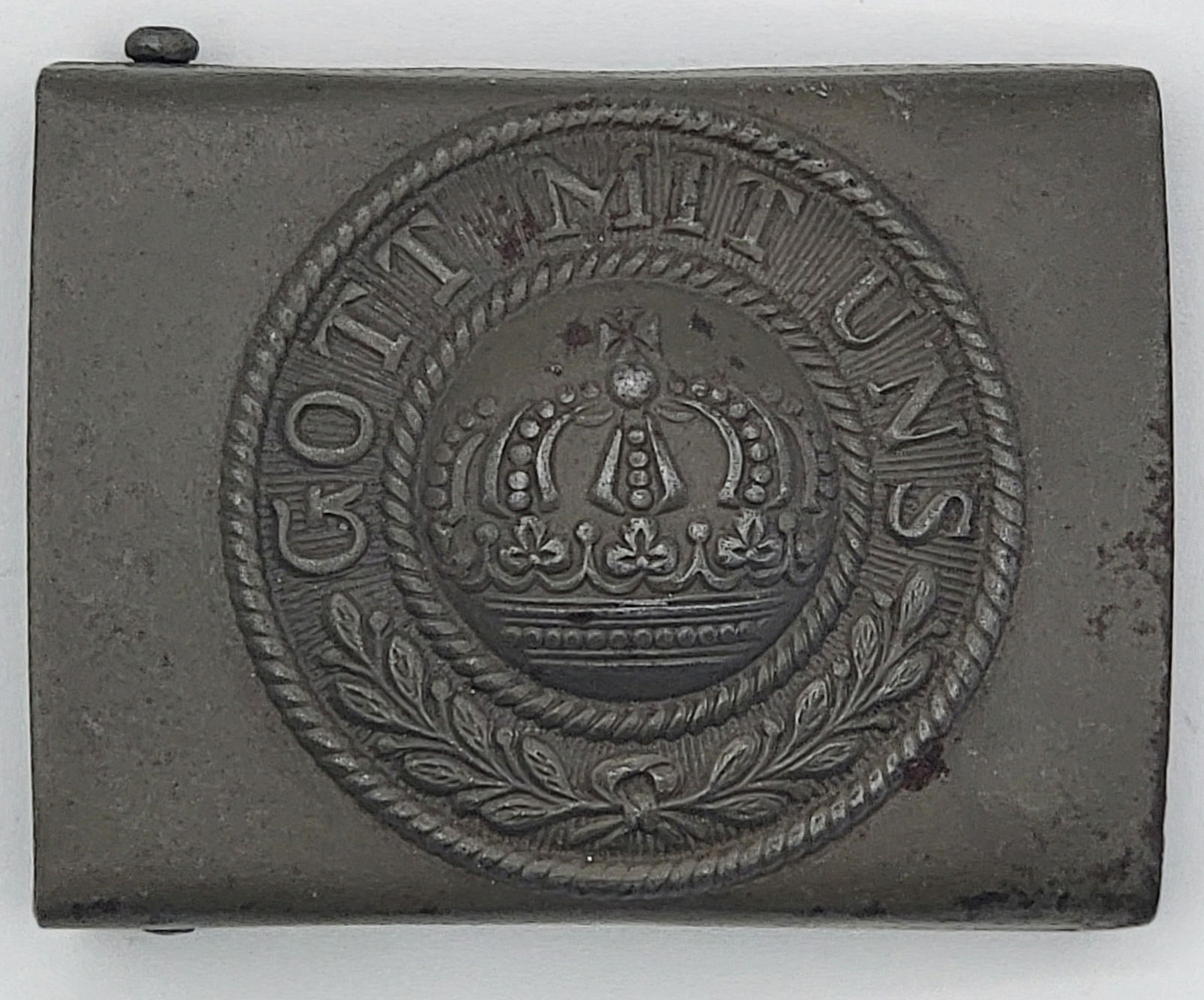 WWI Imperial Germany Army "Gott Mit Uns" Steel Belt Buckle: WWI Imperial Germany Army "Gott Mit Uns" Steel Belt Buckle. The olive drab painted buckle is in nice condition with great detail. Measures 2-1/2" across x 2" wide.