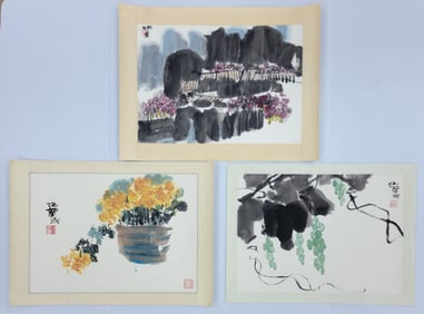 (3) Lu Chun Lan "Floral" Watercolor & Ink Paintings