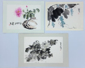 (3) Lu Chun Lan "Floral" Watercolor & Ink Paintings