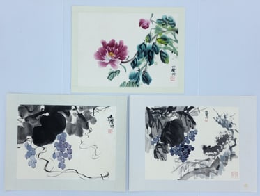 (3) Lu Chun Lan "Floral" Watercolor & Ink Paintings
