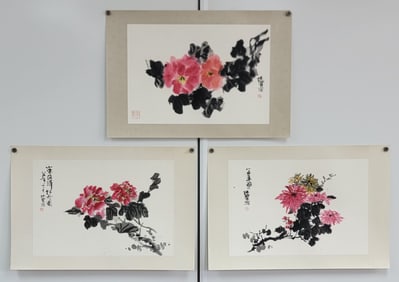 (3) Lu Chun Lan "Floral" Watercolor & Ink Paintings