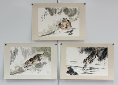 (3) Lu Chun Lan "Tiger" Watercolor & Ink Paintings