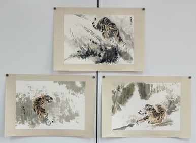 (3) Lu Chun Lan "Tiger" Watercolor & Ink Paintings