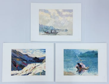 (3) Signed Oil On Canvas "Landscape & Harbor" Paintings