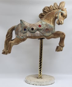 Vintage Fiberglass Jumping Jeweled Carousel Horse On Stand