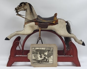 Antique Painted Wood Glider Hobby Horse With Photograph