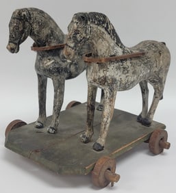 Antique Folk Art Carved & Painted Wood Horses Pull Toy