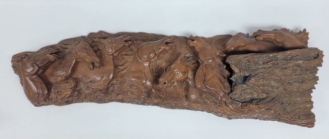 Large Hand Carved Teakwood Wild Horses Decorative Sculpture