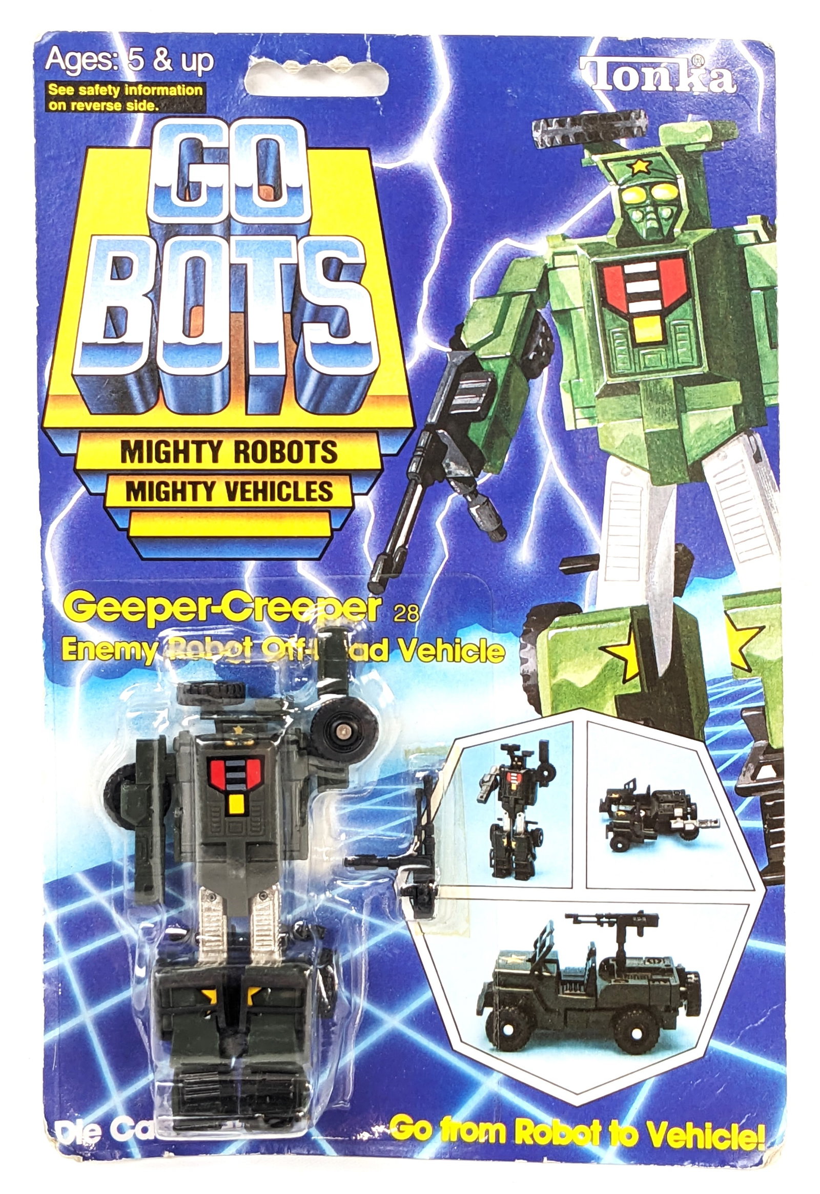 Vintage Tonka Go Bots Mighty Robot Vehicles Geeper-Creeper #28 NIP: Vintage 1984 Tonka Go Bots Mighty Robot Vehicles - Geeper-Creeper figure new in the original package. The package is good condition with some soft corners and minor warping. Overall displays very well