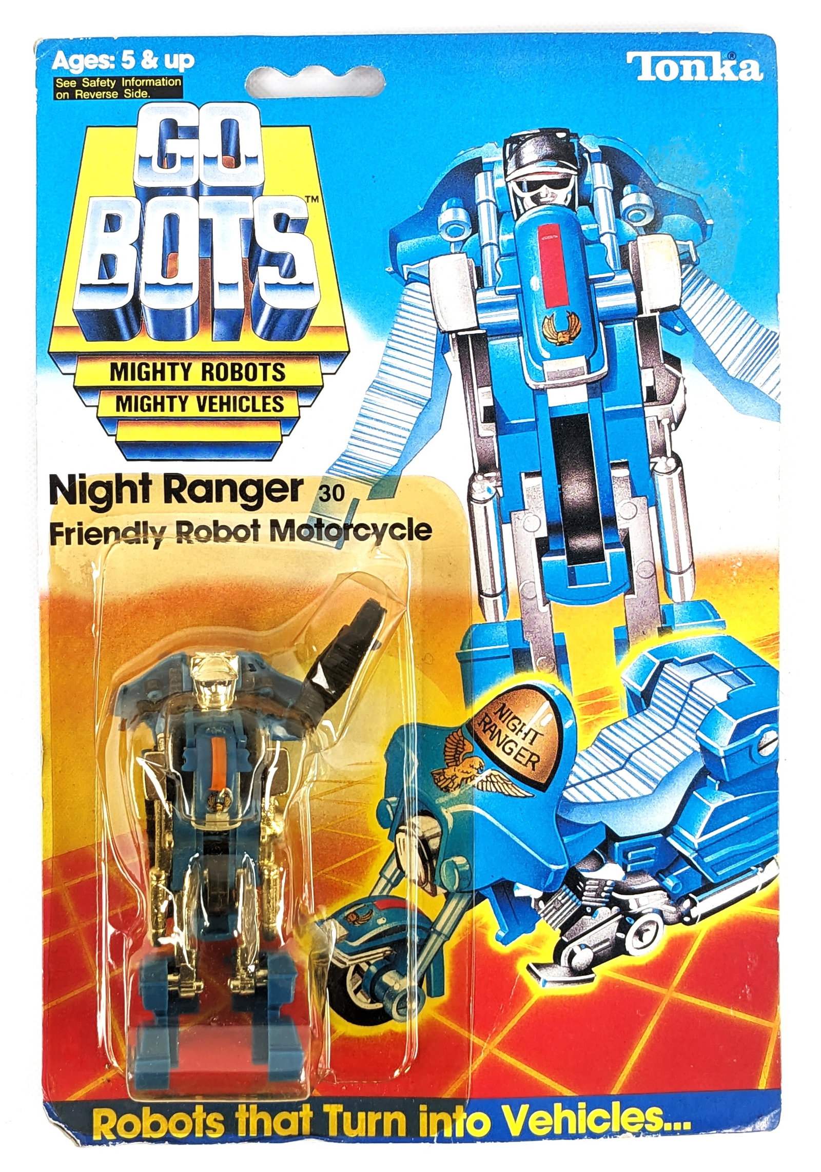 Vintage Tonka Go Bots Mighty Robot Vehicles - Night Ranger #30 NIP: Vintage 1985 Tonka Go Bots Mighty Robots Vehicles - Night Ranger figure new in the original package. The package has some sticker peeling, creasing, and light wear from age. Displays very well overall