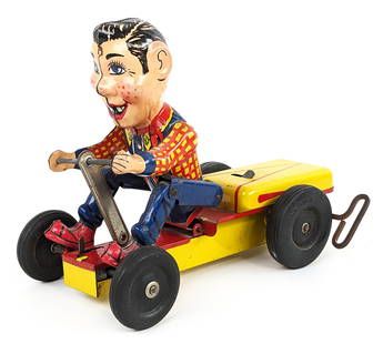 Nylint Tin Windup Howdy Doody Pump Mobile: Nylint tin litho windup Howdy Doody pump mobile car. The car is in good condition with light play wear. The windup mechanism works. Displays well with good color. Measures approximately 9" long.