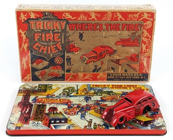 Marx Tin Windup Tricky Fire Chief Car w/ Platform In Box