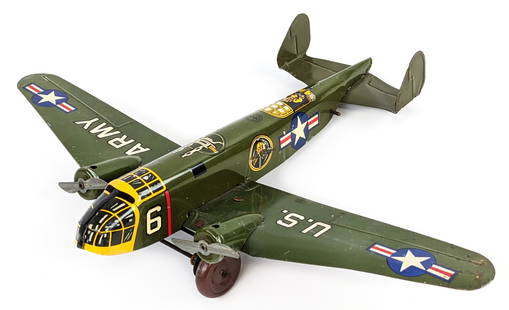 Marx Tin Windup U.S. Army Military 2-Prop Airplane: Marx tin litho windup U.S. Army Military airplane. The windup mechanism works. The plane has some scratches and very minimal play wear. Overall displays very well and looks great. The wingspan measure
