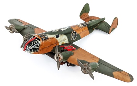 Marx Tin Litho Windup Military Sparkling 4-Prop Airplane