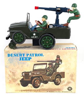 Modern Toys Japan Tin Battery Op. Desert Patrol Jeep w/ Box: Modern Toys Japan tin battery operated Desert Patrol Jeep with the original box. The Jeep worked when tested. The battery compartment is clean. The toy is very clean overall and looks unplayed with. I