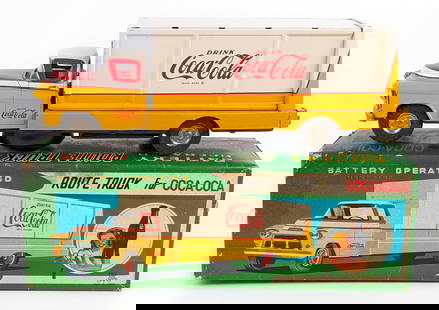 Sanyo Japan Battery Op. Coca-Cola Route Truck w/ Box: Sanyo Japan tin battery operated Coca-Cola route truck with the original box. The windshield is slightly warped. The truck has some scuffs and minor wear from handling / play. Didn't work when tested,