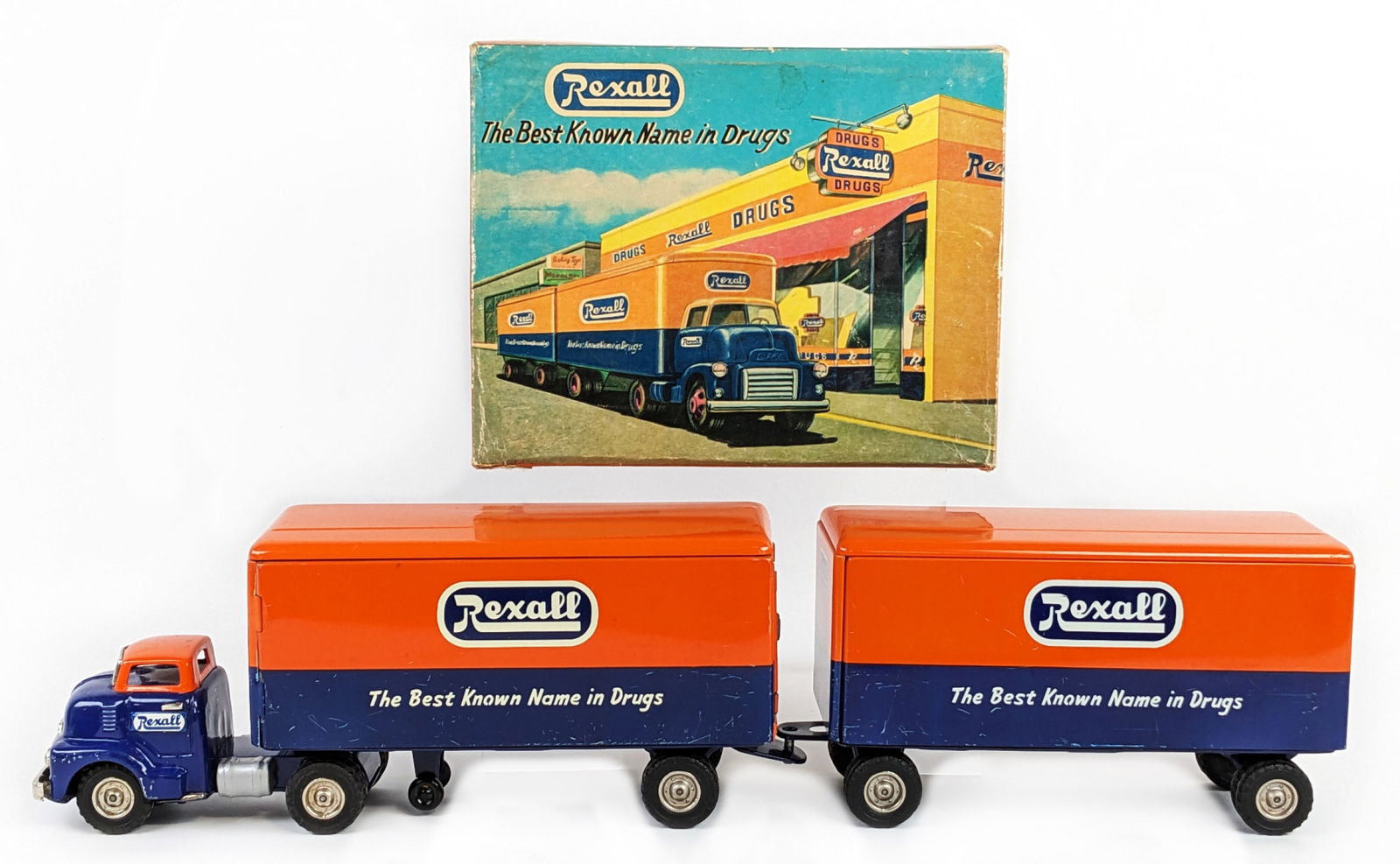 Japan Tin Friction Rexall Truck w/ Dual Trailers & Box (1 of 14)