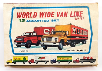 Japan Tin Friction World Wide Van Line Series 12 Truck Set In Box