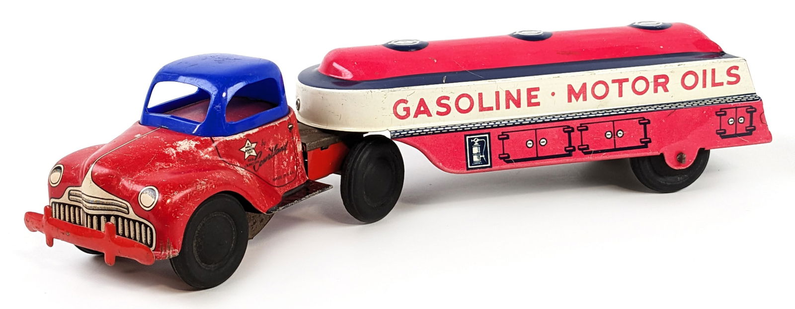 Courtland Tin Windup Gasoline Motor Oils Tanker Truck: Courtland gasoline motor oils tanker truck. The windup mechanism works. The plastic roof has a small crack, the truck has some discoloration, paint loss, and wear from play / age. Measures approximate