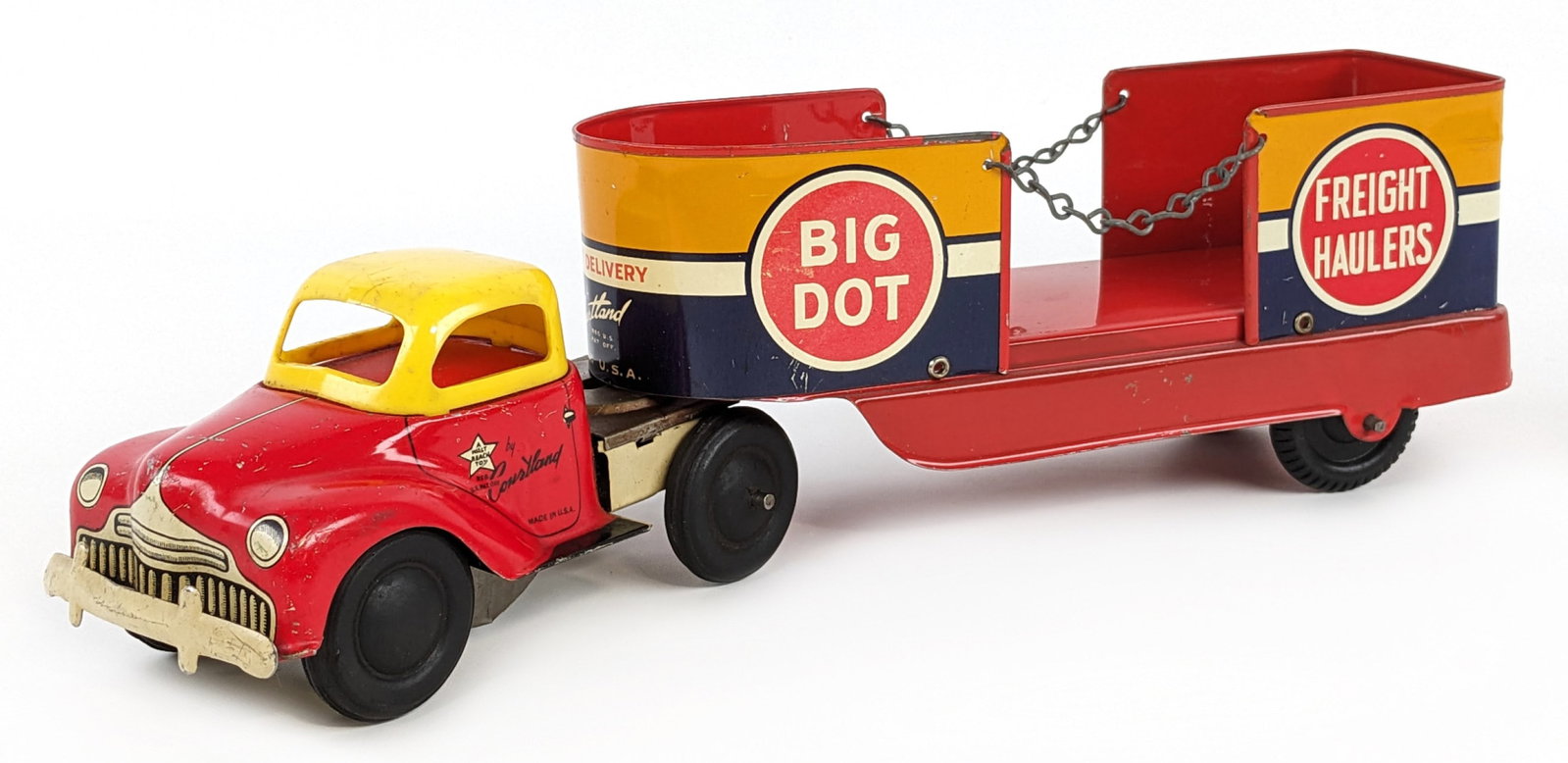 Courtland Tin Windup Big Dot Freight Haulers Truck & Trailer: Courtland tin windup Big Dot Freight Haulers truck and trailer. The windup mechanism works. It does show some scratches, rub marks, and light play wear. Measures approximately 12-1/2" long.