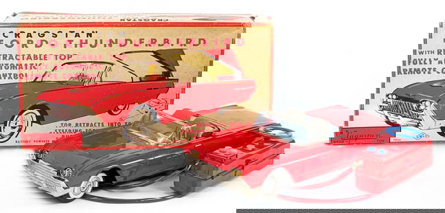 Cragstan Tin Battery Op. RC Ford Thunderbird Car w/ Box: Cragstan tin remote control battery operated Ford Thunderbird with retractable top in the original box. The toy worked when tested. The box has some staining and light wear. Overall a great example of
