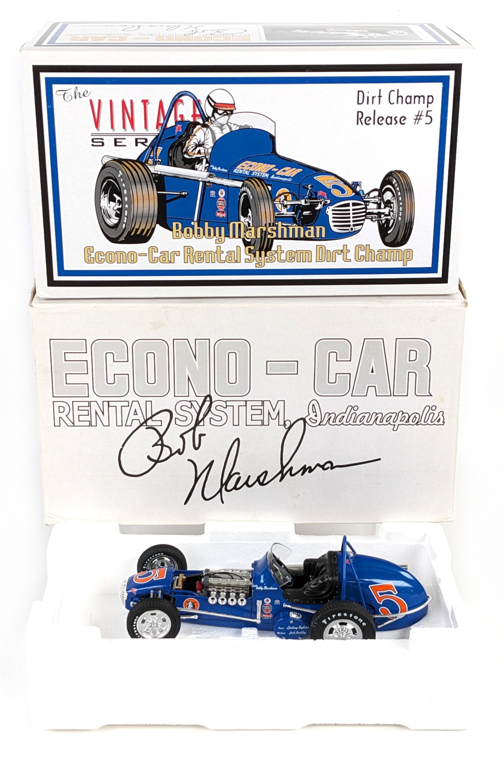 1/18 GMP Bobby Marshman Econo-Car Rental System Dirt Champ Racer: 1/18 Scale die-cast GMP Bobby Marshman Econo-Car Rental System Dirt Champ racer. Limited edition 1 of 3,192 produced. Good condition new in the box. The box shows some signs of wear from storage.