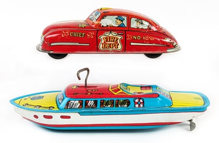 Marx Tin Windup Fire Dept. Chief Car & J. Chein Boat