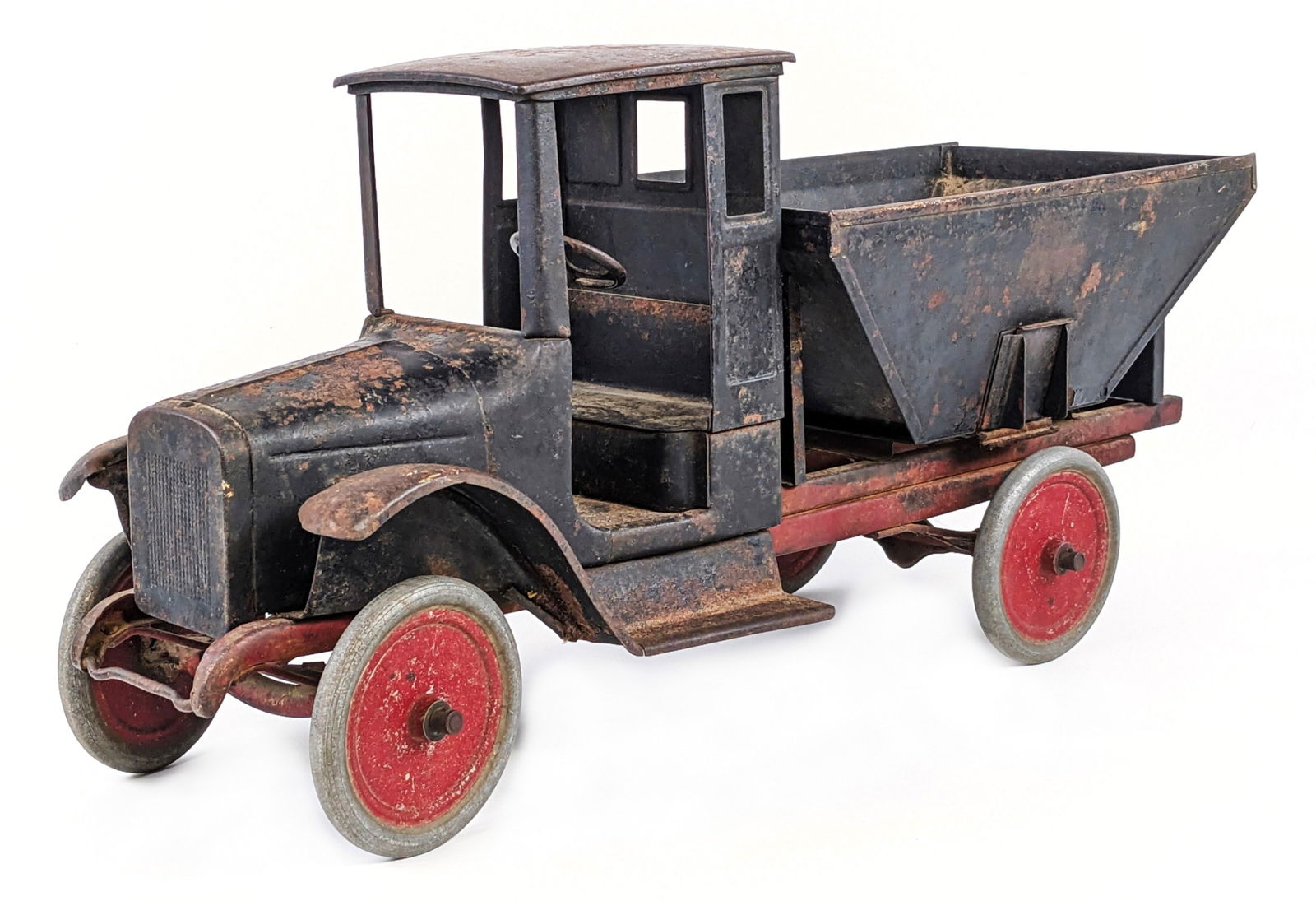 Buddy L Coal Truck: Original Buddy L coal truck. The truck has surface rust, paint loss, and wear from play / age. Measures approximately 24" long.