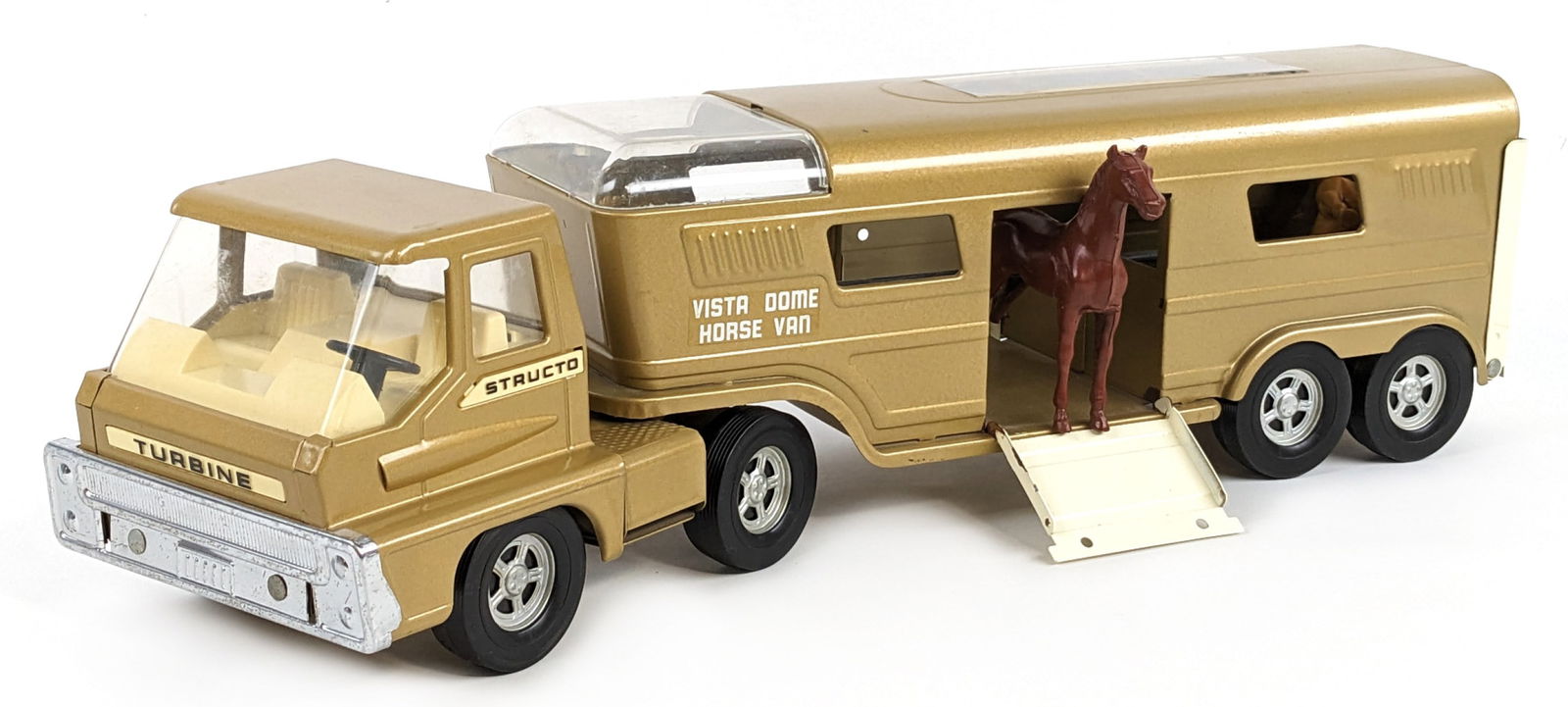 Original Structo Turbine Truck w/ Vista Dome Horse Van Trailer: Original Structo Turbine truck with vista dome horse van trailer. Good condition with some minor rub marks. Overall a very clean truck. Measures approximately 22" long.