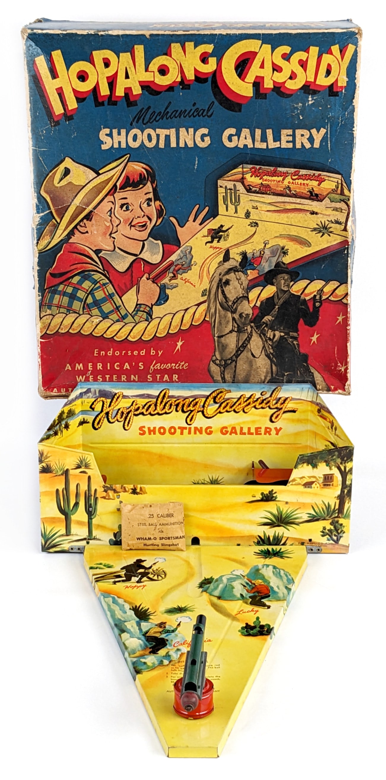 Hopalong Cassidy Mechanical Shooting Gallery w/ Box: Automatic Toy Co. Hopalong Cassidy mechanical shooting gallery with the original box. The set comes with an original bag of "steel ball ammunition" for the gun. The windup mechanism is in working cond
