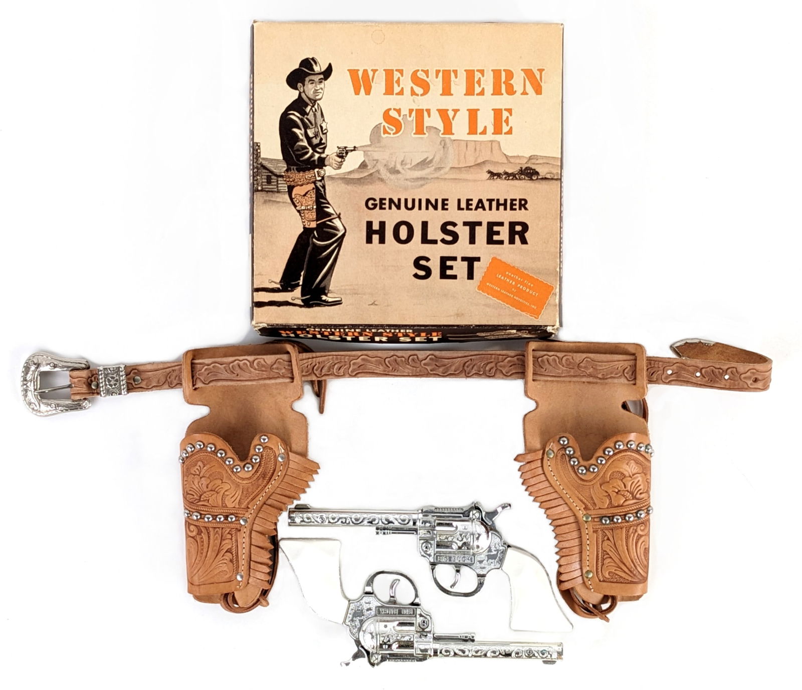 Western Style Holster Set w/ Kilgore Big Buck Cap Guns In Box: Includes a Western Style genuine leather holster set by Western Leather Novelties Inc. in the original box, and (2) Kilgore Big Buck cap guns. The cap guns are in excellent working condition. The box