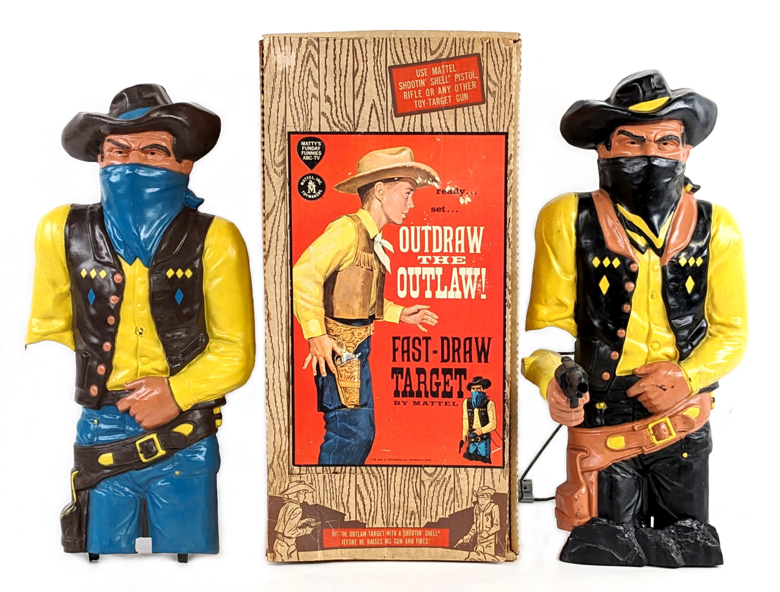 Mattel Outdraw the Outlaw Fast-Draw Target In Box: Mattel Outdraw The Outlaw Fast-Draw Target game in original box. It comes with an extra gun fighter and original instructions. It is missing the pull string. The box lid is starting to tear and has so