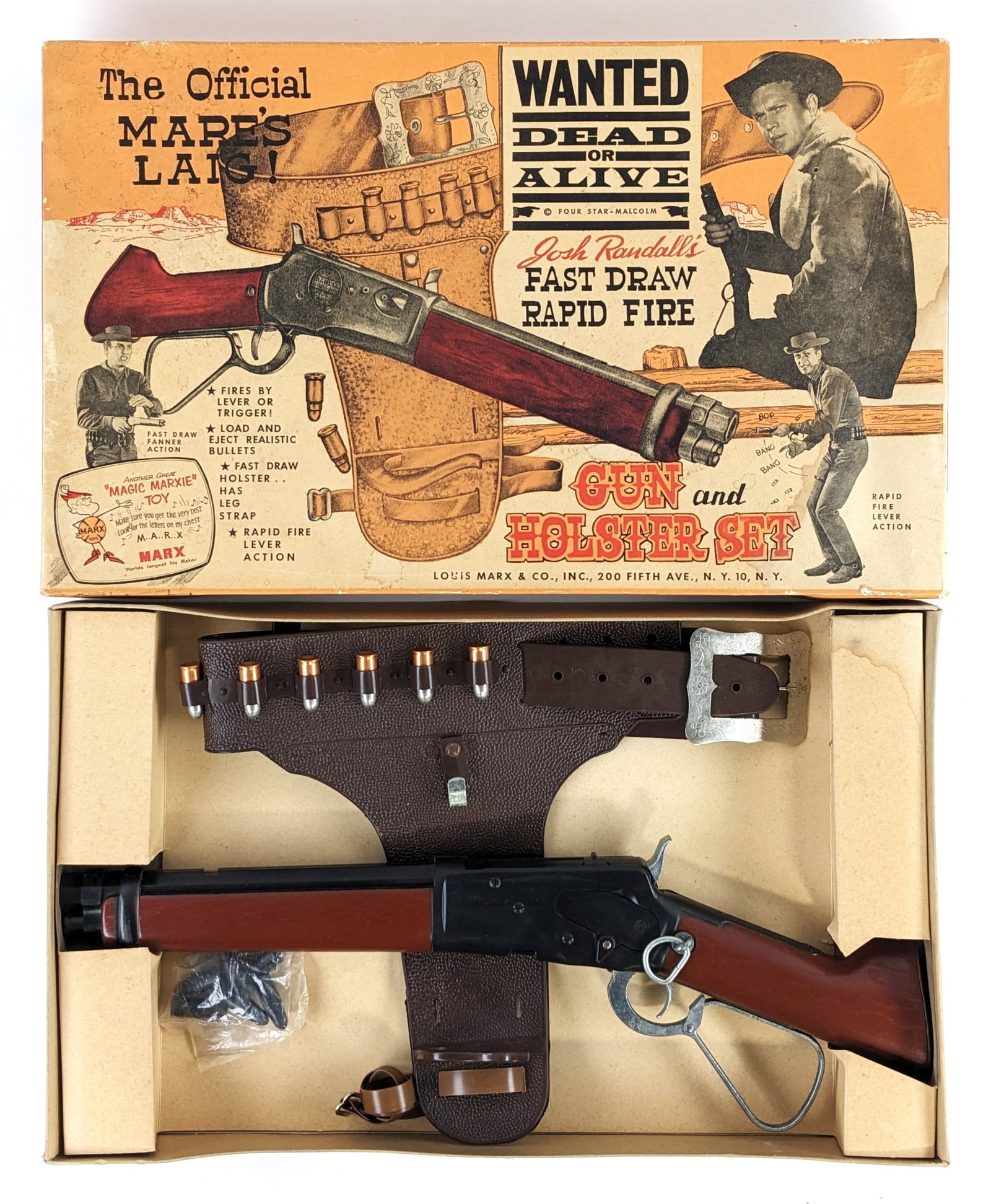 Marx The Official Mare's Laig Gun and Holster Set In Box: Marx The Official Mare’s Laig Wanted Dead or Alive Josh Randall’s Fast Draw Rapid Fire Gun and Holster Set in the original box. The box is complete with the original insert. The toy set appears to